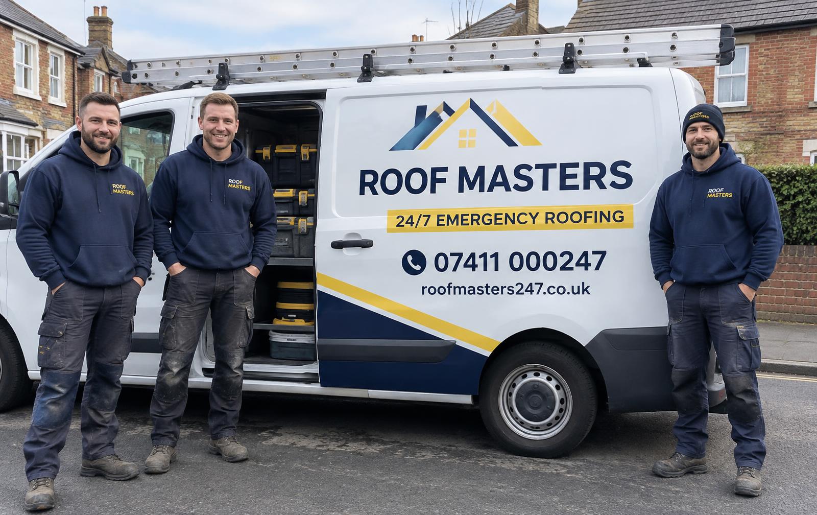 AI-generated uniformed roofing team beside a Roof Masters branded van on a British street
